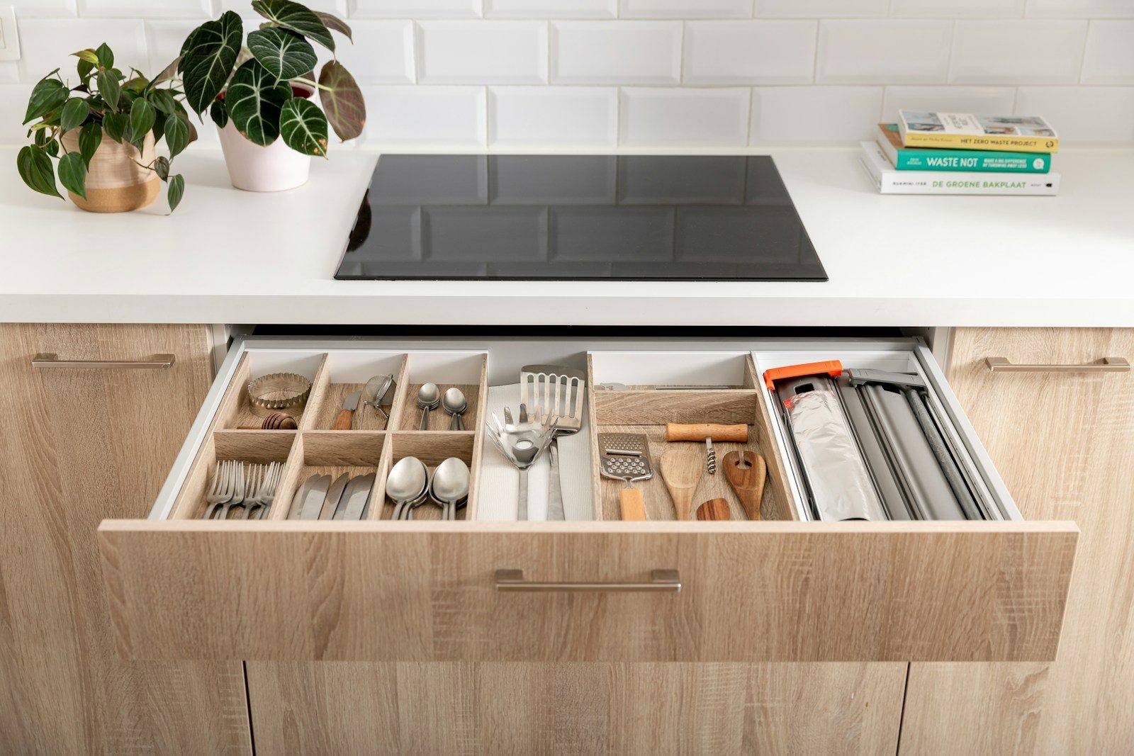 Open wooden kitchen drawer with divided sections for cutlery and utensils beneath a white counter.
