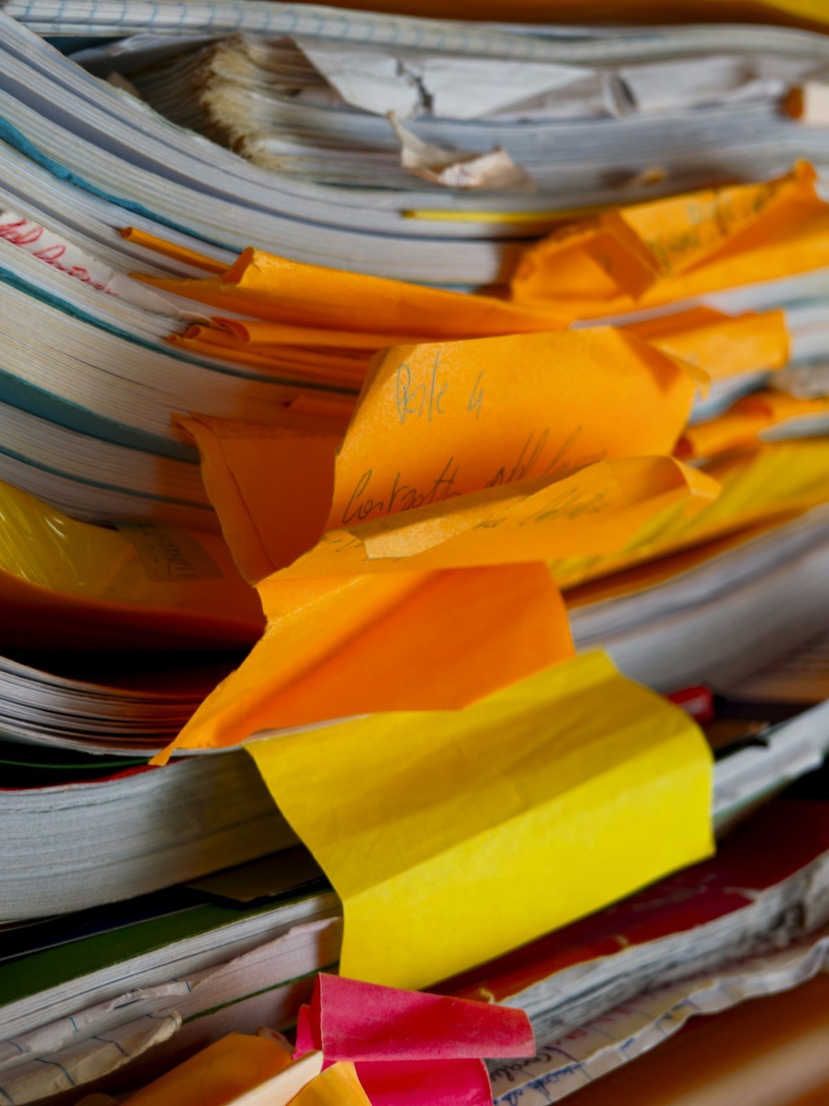 A thick uneven stack of papers and notebooks marked with orange and yellow sticky notes.